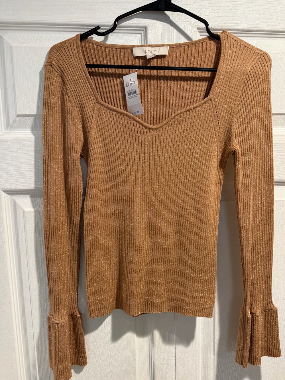 LOFT Ribbed Long-Sleeve V-Neck Sweater in Camel/Tan